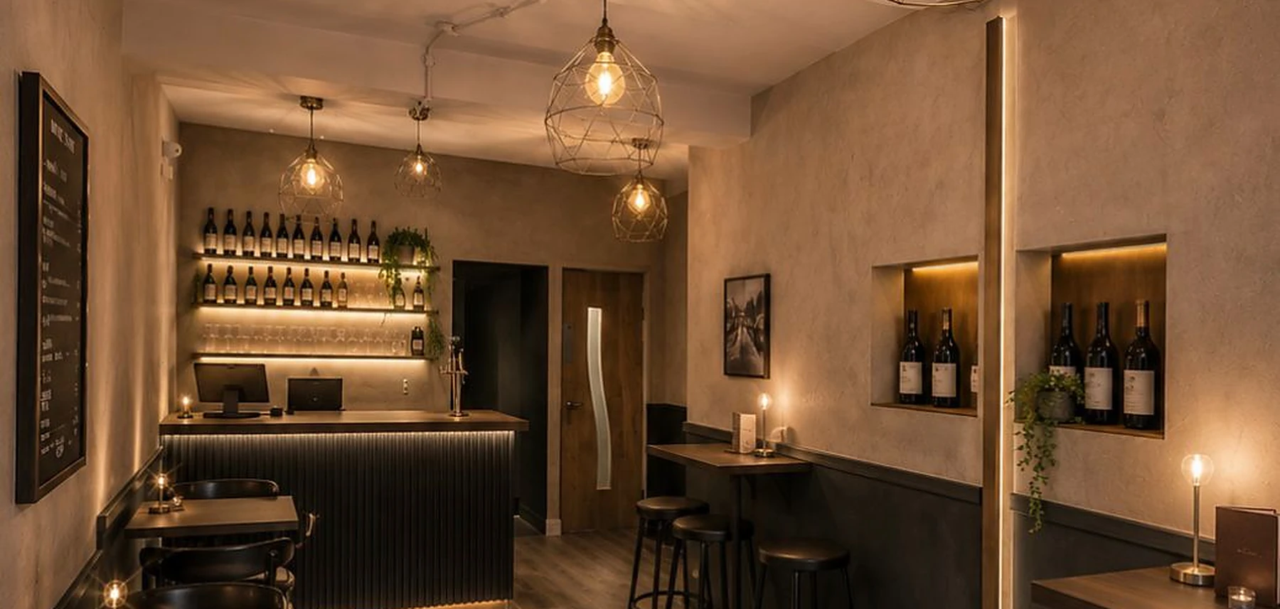 A warmly lit wine bar interior